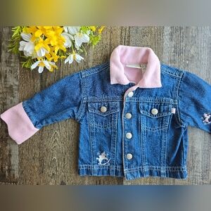 Vtg Y2K Faded Glory Baby Denim Jacket Size 3-6m Girls Pink‎ Fleece Embroidered
